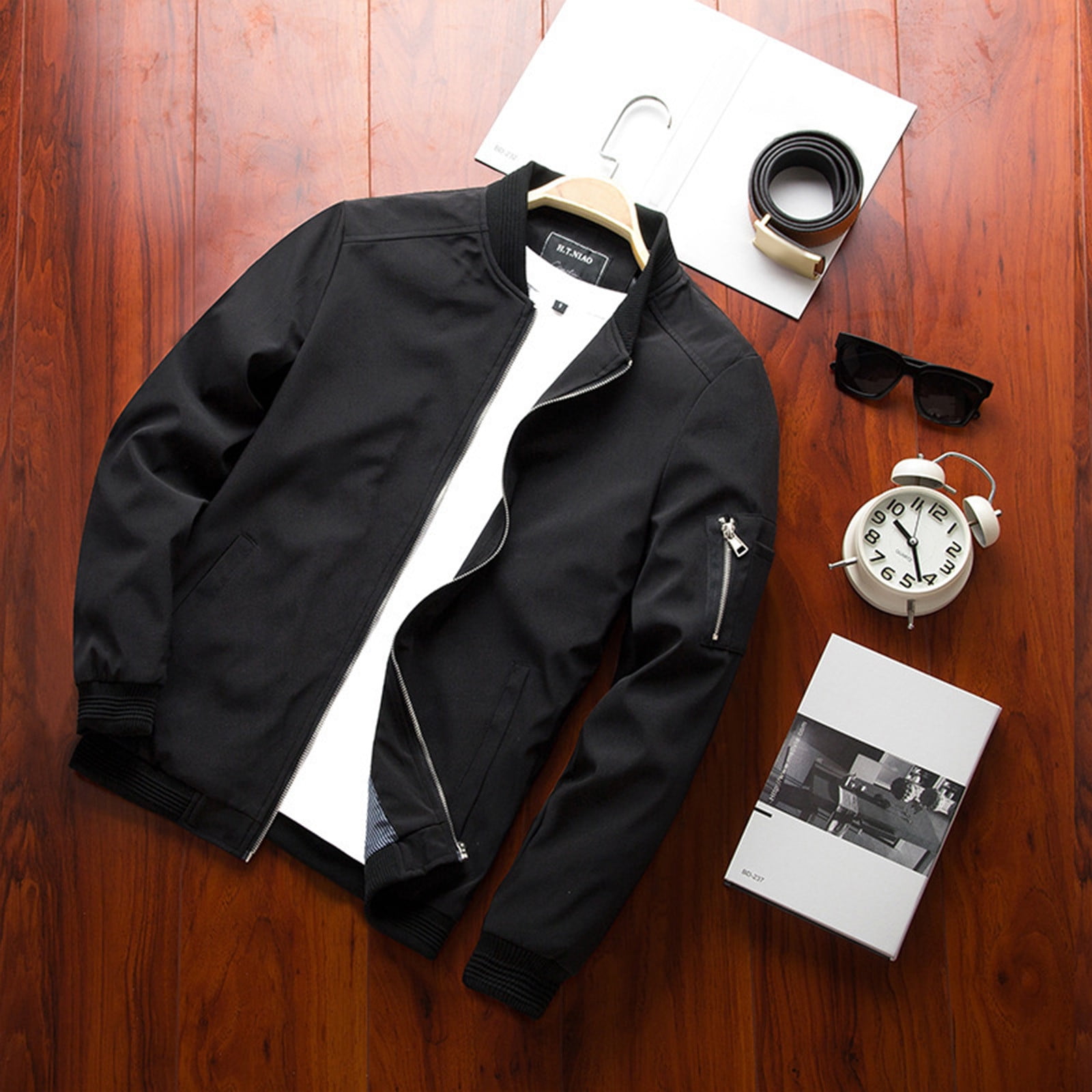 haxmnou men's jacket casual spring fall thin bomber coat full-zip up ...