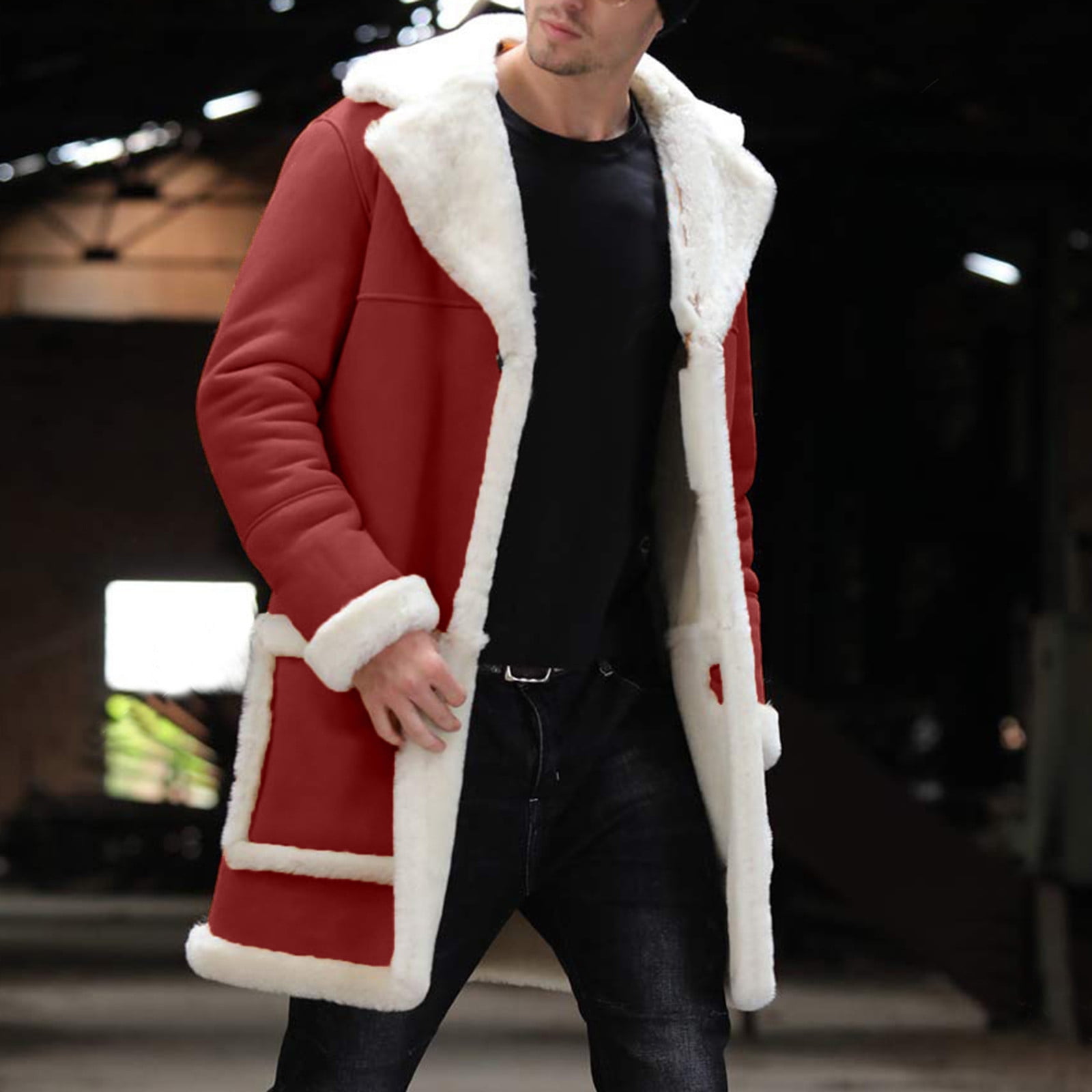 haxmnou men's shearling leather coat suede sherpa lined sheepskin long  jacket red xxl