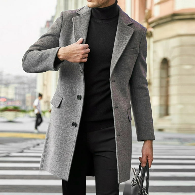 haxmnou men wool coat winter trench coats long sleeve button up jacket  outwear overcoat grey xxxxl（Please Buy One Size Larger）