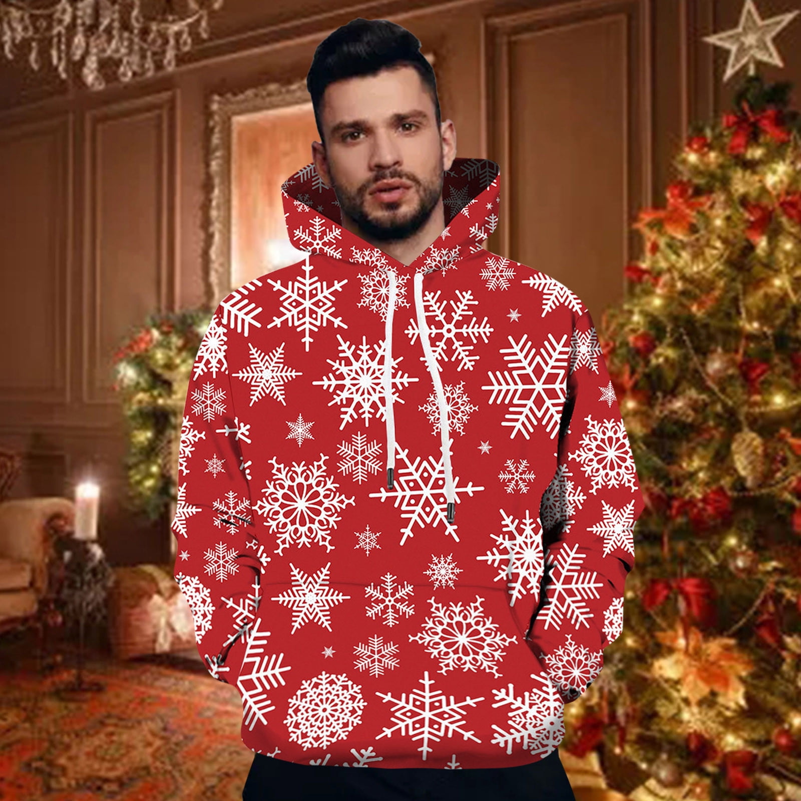 haxmnou mens christmas long sleeve snowflake hoodie xmas hooded sweatshirt pullover tops red xxxxl Walmart