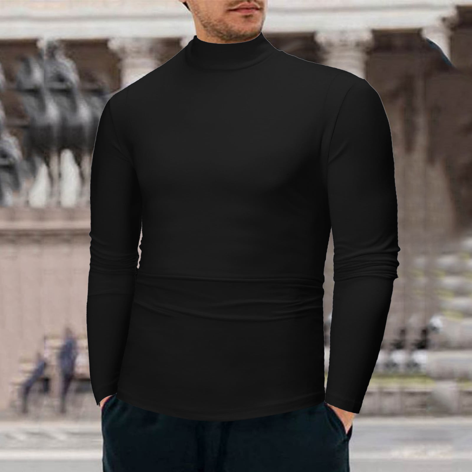 haxmnou mens half turtleneck long sleeve pullover basic plain undershirt  stretch slim fit tee t shirt black xxl