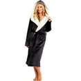 thumbnail image 1 of haxmnou plus size womens fluffy plush lined bathrobe nightwear winter warm dressing gown mid length pockets hooded robe sleepwear with belt black xxxxl, 1 of 1