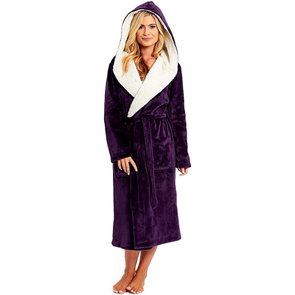 haxmnou plus size womens fluffy plush lined bathrobe nightwear winter warm dressing gown mid length pockets hooded robe sleepwear with belt purple xxxl