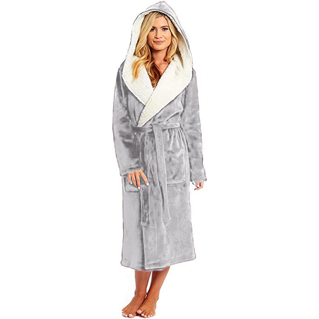 haxmnou plus size womens fluffy plush lined bathrobe nightwear winter warm dressing gown mid length pockets hooded robe sleepwear with belt gray xxl