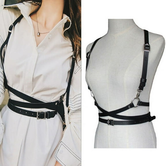 haxmnou punk waist belt women pu pu leather skinny body adjustable belts with gothic circle for party belt strap suspender corset black