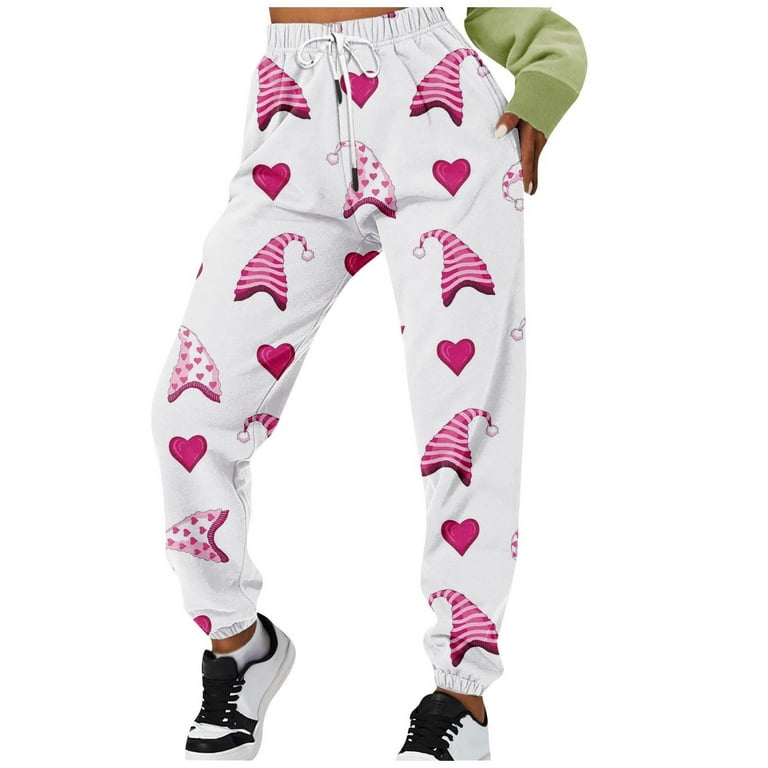 haxmnou valentine's day womens red heart print sweatpants elastic  drawstring waist casual cargo pants pants white l