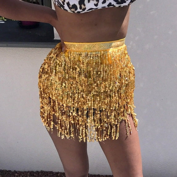 haxmnou women boho sequin tassel scarf belly dance fringe skirt belt wrap rave performance clubwear festival clothing 2023 gold one size