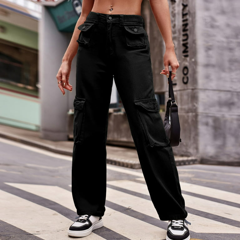haxmnou women casual fashion high waisted cargo pants wide leg casual denim  trousers multi pocket cargo jeans black m