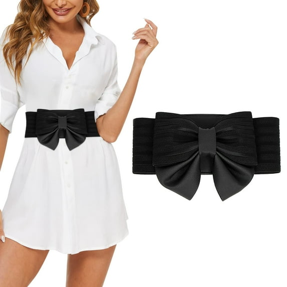 haxmnou women cute bow wide elastic waist belt adorable dress accessory black