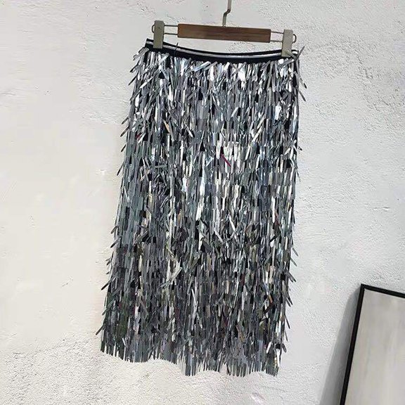 haxmnou women fashion casual sequins loose skirt party high waist a line skirt silver l