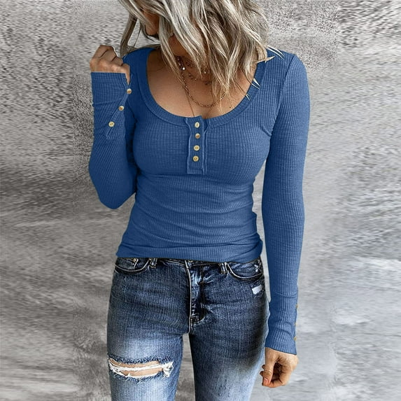 haxmnou women long sleeve henley t shirts button down slim fit tops ribbed shirts blouse blue l