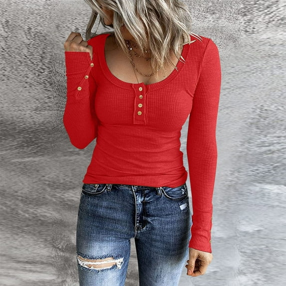 haxmnou women long sleeve henley t shirts button down slim fit tops ribbed shirts blouse red m