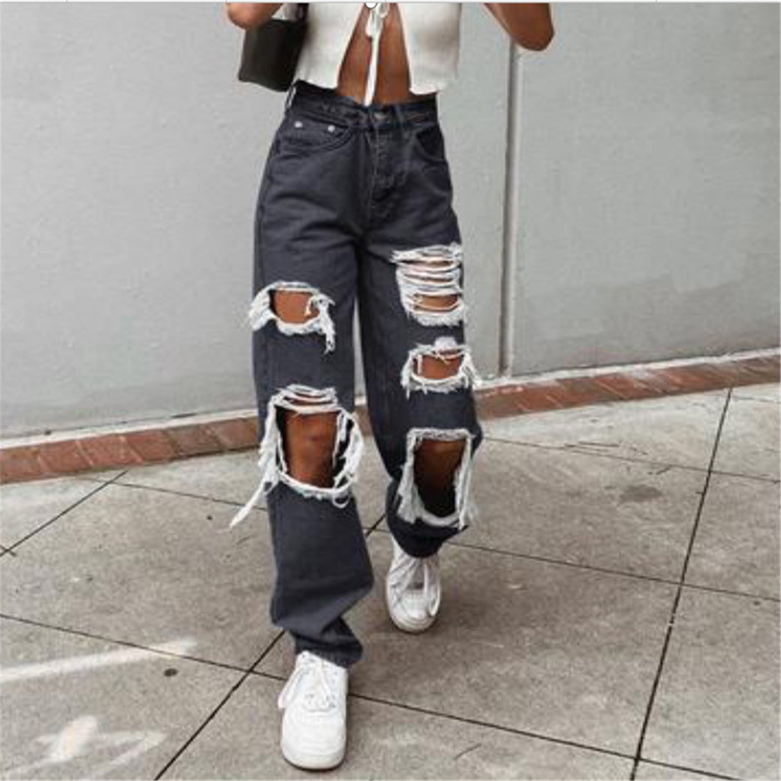 haxmnou women loose ripped boyfriends jeans high waist baggy denim pants distressed wide leg jeans black m