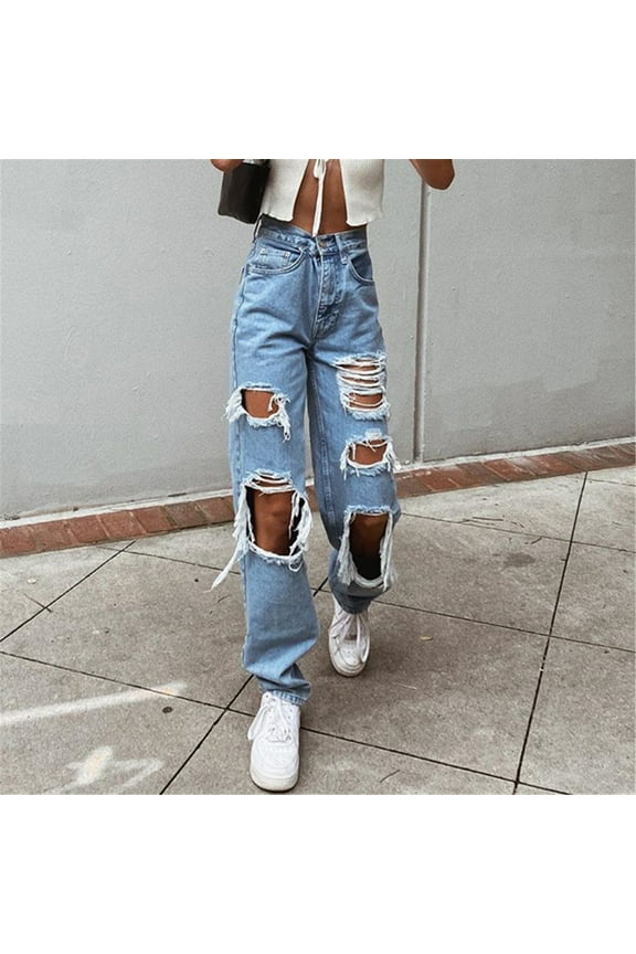 women loose ripped boyfriends jeans high waist baggy denim pants distressed wide leg jeans blue m