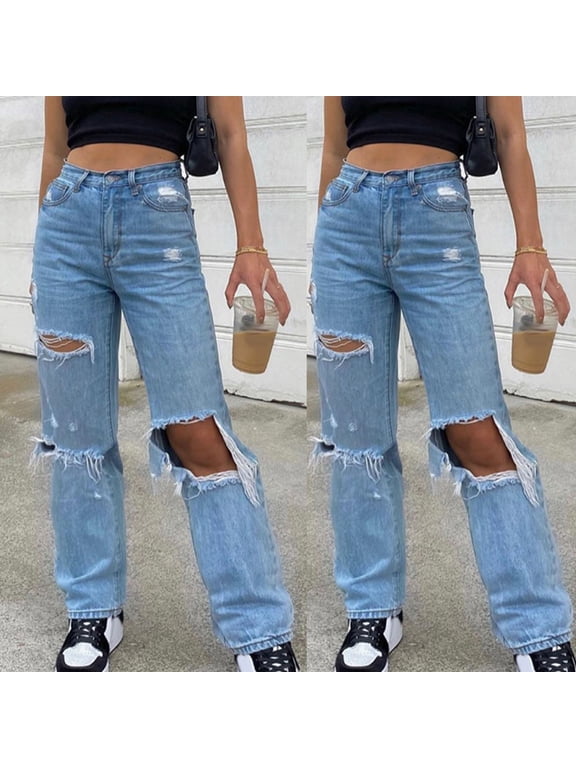 women loose ripped boyfriends jeans high waist baggy denim pants distressed wide leg jeans y2k mom jeans blue m