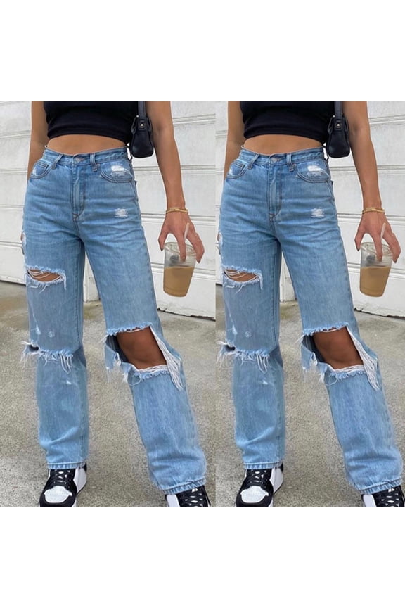women loose ripped boyfriends jeans high waist baggy denim pants distressed wide leg jeans y2k mom jeans blue m