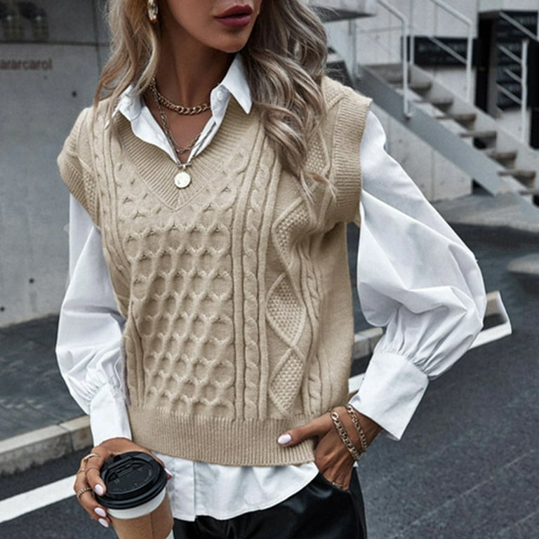 haxmnou women's cable knit crop sweater vest preppy style sleeveless v neck  knitwear tank tops khaki s