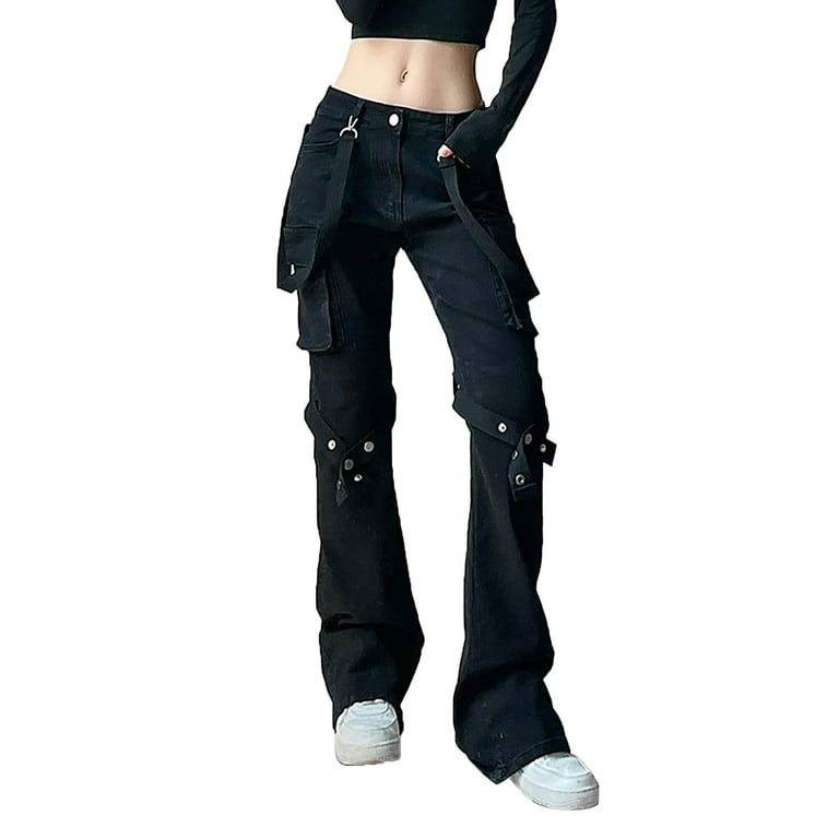 haxmnou women's punk metal jeans street casual personality streamers high  waist cargo pants black l