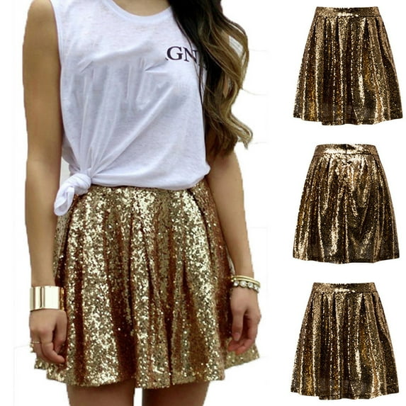 haxmnou women's shiny loose sequin flared pleated mini short skater skirt gold xl