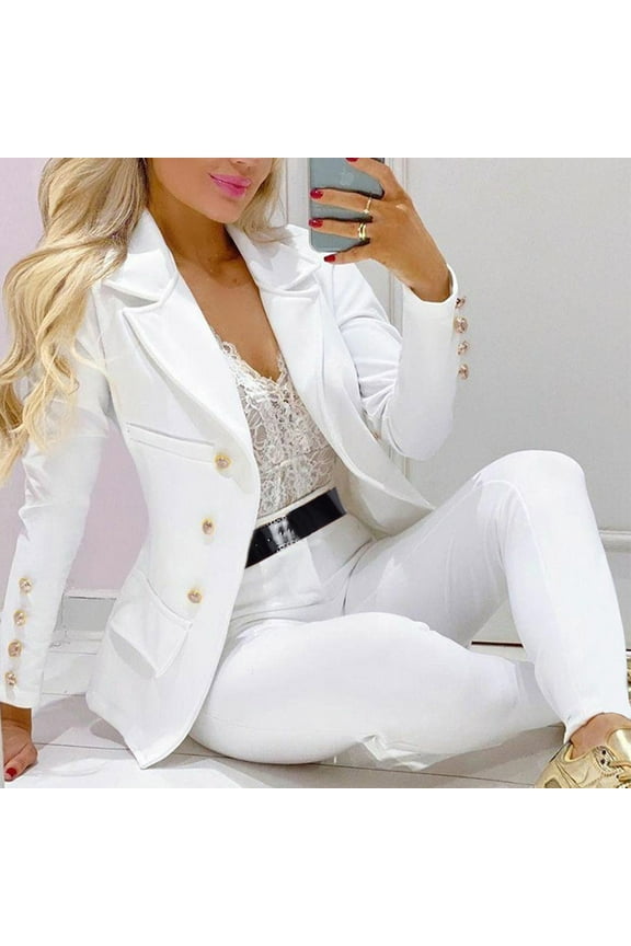 women's solid two piece suit set business office long sleeve suit jacket and trouser white l