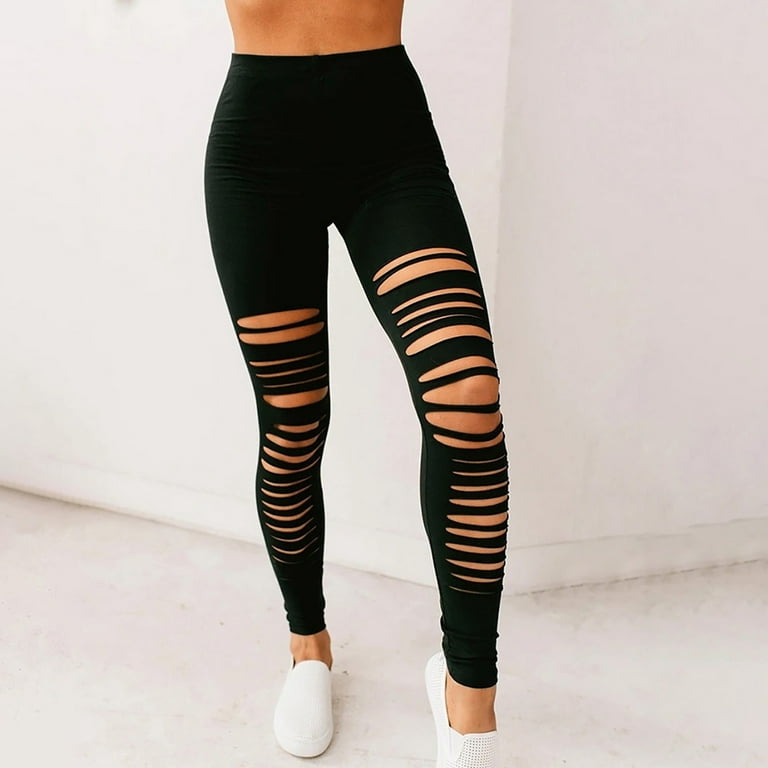 haxmnou women slim stretch ripped leggings high waist sports yoga casual  pants trousers black s