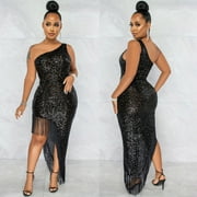 haxmnou women slopping shoulder sleeveless split tassel women sequin evening dress black l
