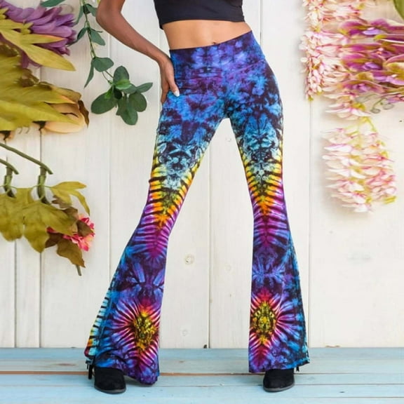 haxmnou women tie-dyed high waist flare wide leg chic trousers bell bottom yoga pants multicolor xl