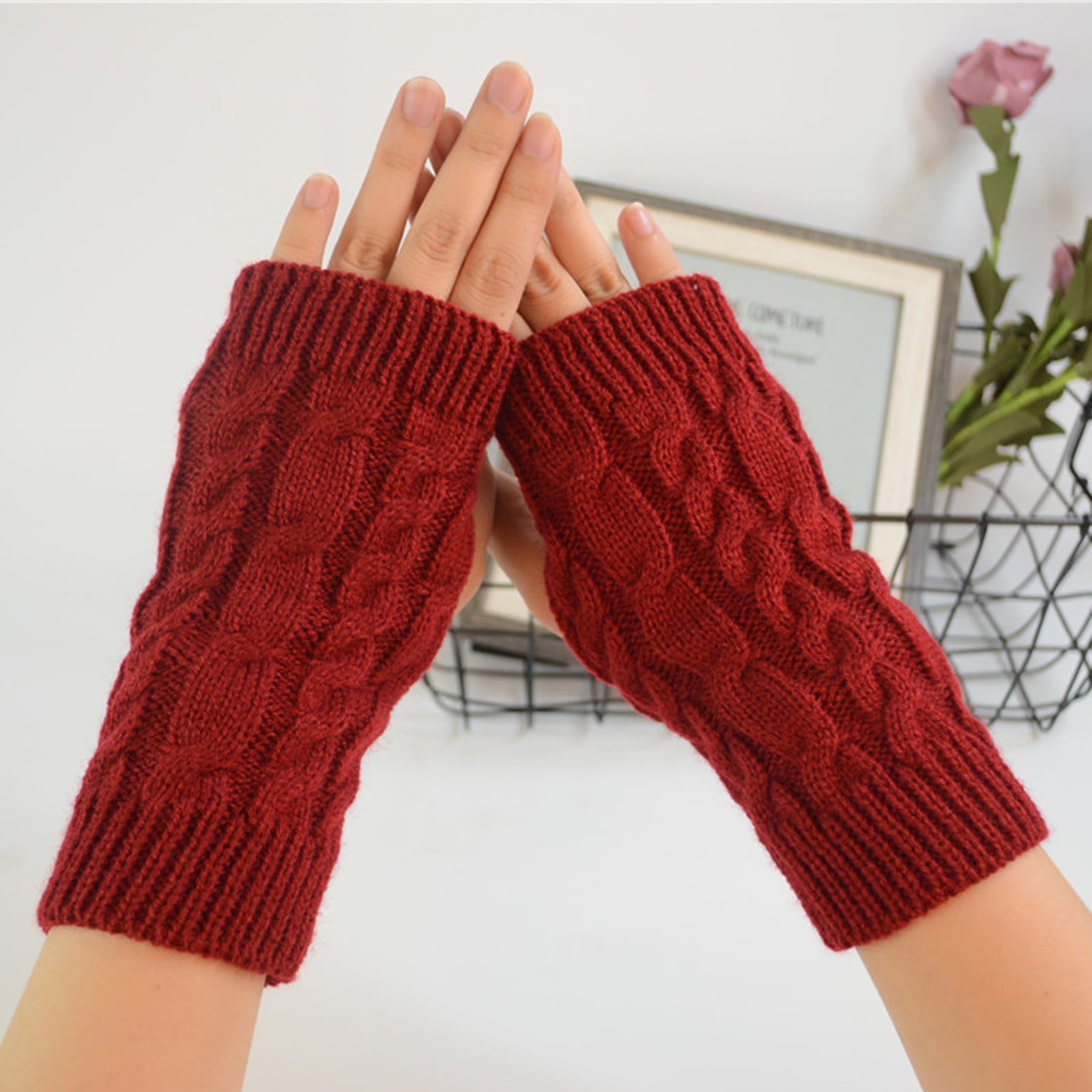 haxmnou women winter half finger/fingerless gloves wrist arm hand warmer  knitted mittens n one size 