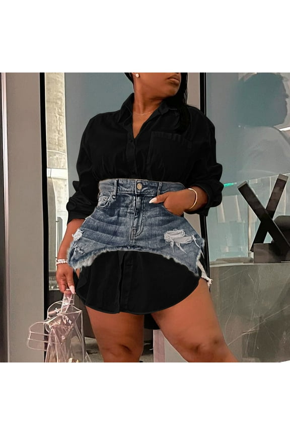 womens 2 piece outfits lapel button long sleeve mini shirt dress denim skirt set black s