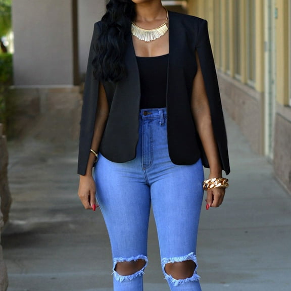 haxmnou womens cape blazer split sleeve open front casual jacket coat workwear outwear black l