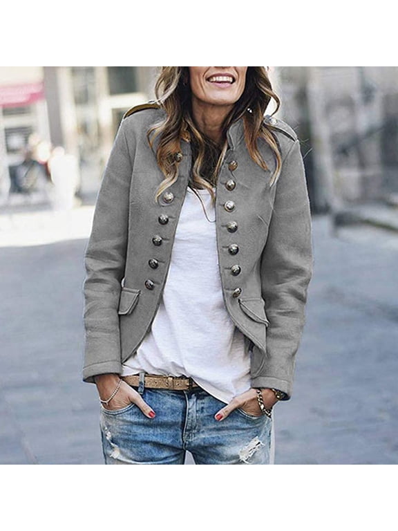womens double button front military style blazer ladies formal jacket gray l