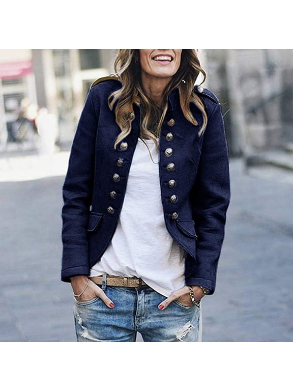 womens double button front military style blazer ladies formal jacket navy s