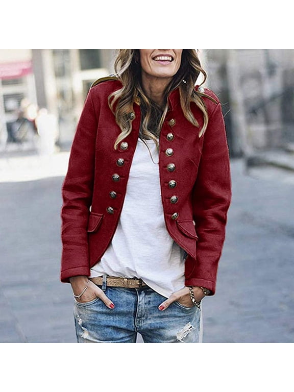 womens double button front military style blazer ladies formal jacket red m