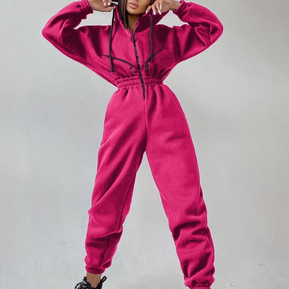 haxmnou womens outerwear jumpsuits zip-up hoodie slim waist drawstring jumpsuit romper onesies long sleeve bodysuits tracksuit sweatshirt one piece hot pink s