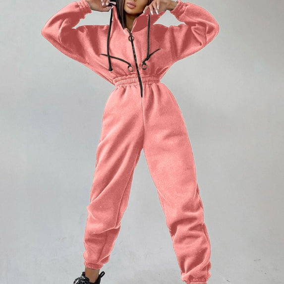 haxmnou womens outerwear jumpsuits zip-up hoodie slim waist drawstring jumpsuit romper onesies long sleeve bodysuits tracksuit sweatshirt one piece pink m