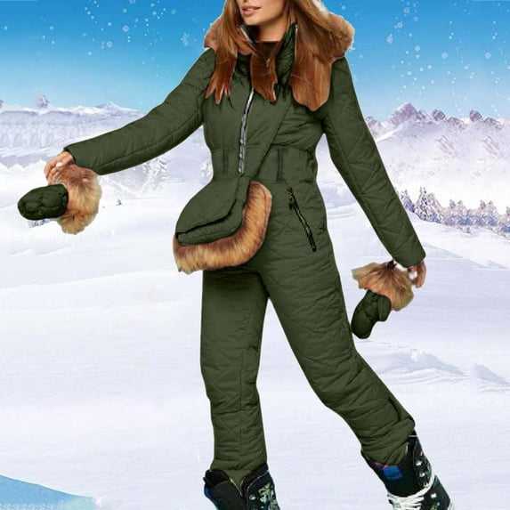 haxmnou womens winter onesies ski jumpsuits outdoor sports waterproof snowsuit removable collar coat jumpsuit army green s