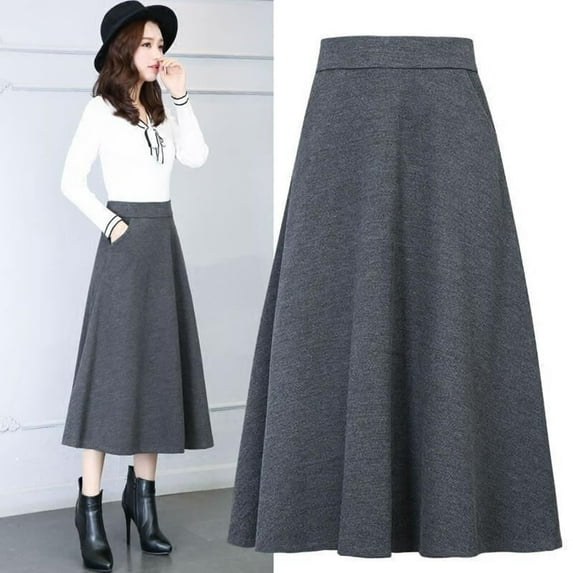 haxmnou womens winter vintage high elastic waist a line pleated wool midi skirt lady skirt grey xl