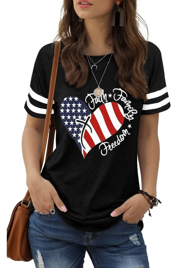 American Flag Heart Shirts Women Patriotic Shirt 4th of July T-Shirt Crew Neck Short Sleeve Summer Tee Tops（XL,9 Black)