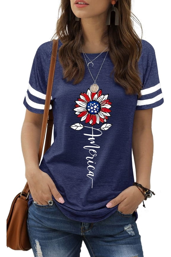 American Flag Sunflower Shirts for Women 4th of July T-Shirt USA Flag Shirts Patriotic Graphic Shirt Summer Tee Tops(M,5 Blue)