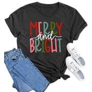 hcihgzr Merry Christmas Shirts for Women Funny Xmas Merry and Bright Graphic T-Shirt Casual Holiday Tee TopsS,5 Dark Grey