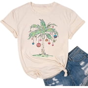 hcihgzr Merry Christmas Shirts for Women Funny Xmas Palm Tree Graphic T-Shirt Casual Holiday Tee TopsM,7 Apricot