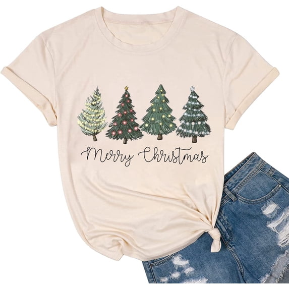 hcihgzr Merry Christmas Shirts for Women Funny Xmas Tree Graphic T-Shirt Casual Holiday Tee Tops(L,8 Apricot)