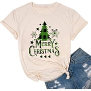 hcihgzr Merry Christmas Shirts for Women Funny Xmas Tree Graphic T-Shirt Casual Holiday Tee TopsS,1 Apricot