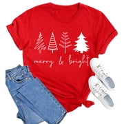 hcihgzr Merry Christmas Shirts for Women Funny Xmas Tree Graphic T-Shirt Casual Holiday Tee TopsS,1 Red