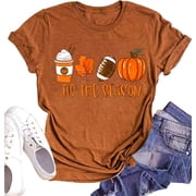hcihgzr Womens Halloween Fall Shirt Funny Football Pumpkin Graphic T-Shirt TopsL,5 Brown