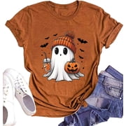 hcihgzr Womens Halloween Fall Shirt Funny Ghost Pumpkin Graphic T-Shirt TopsL,6 Brown