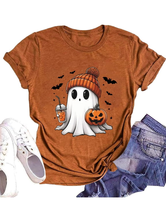 Womens Halloween Fall Shirt Funny Ghost Pumpkin Graphic T-Shirt Tops(L,6 Brown)