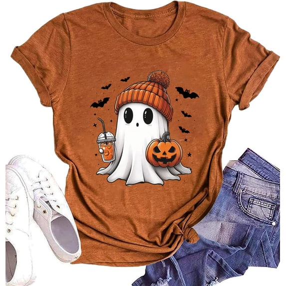 hcihgzr Womens Halloween Fall Shirt Funny Ghost Pumpkin Graphic T-Shirt Short Sleeve Tee Tops(M,6 Brown)