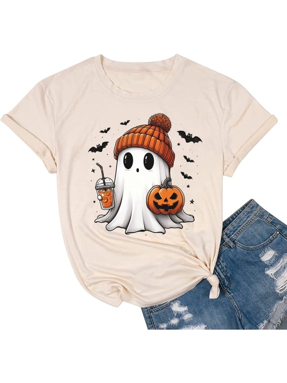 Womens Halloween Fall Shirt Funny Ghost Pumpkin Graphic T-Shirt Tops(XXL,7 Apricot)
