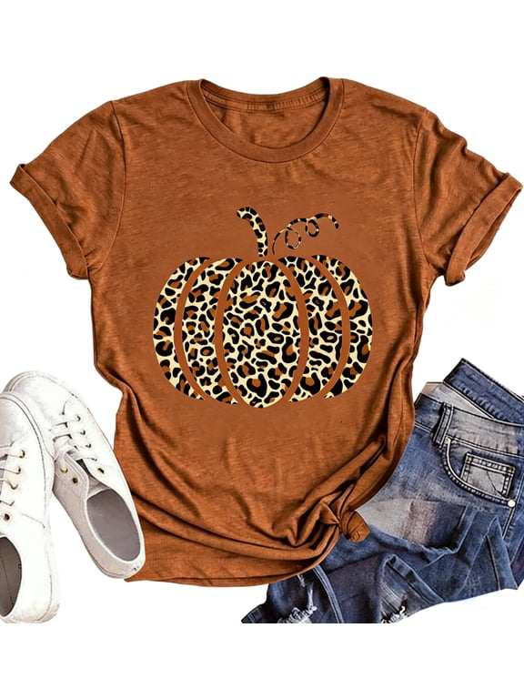 Womens Halloween Fall Shirt Funny Leopard Pumpkin Graphic T-Shirt Tops(M,1 Brown)
